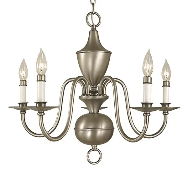 The Jamestown chandelier brings traditional elegance to dining spaces with its classic candle-style arms and versatile satin pewter finish. At 25 inches wide, it's perfectly proportioned for medium-sized rooms.