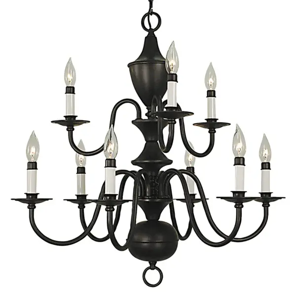 The Jamestown chandelier combines traditional candle-style elegance with modern matte black finish. Its 28-inch width and 9-light configuration make it ideal for medium dining rooms, offering substantial illumination with timeless appeal.