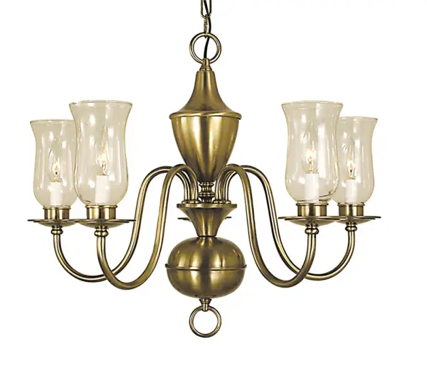 The Jamestown chandelier brings timeless elegance with its antique brass finish and five hurricane glass shades. At 25 inches wide, it's perfectly sized for medium dining spaces, offering warm ambient lighting with traditional charm.