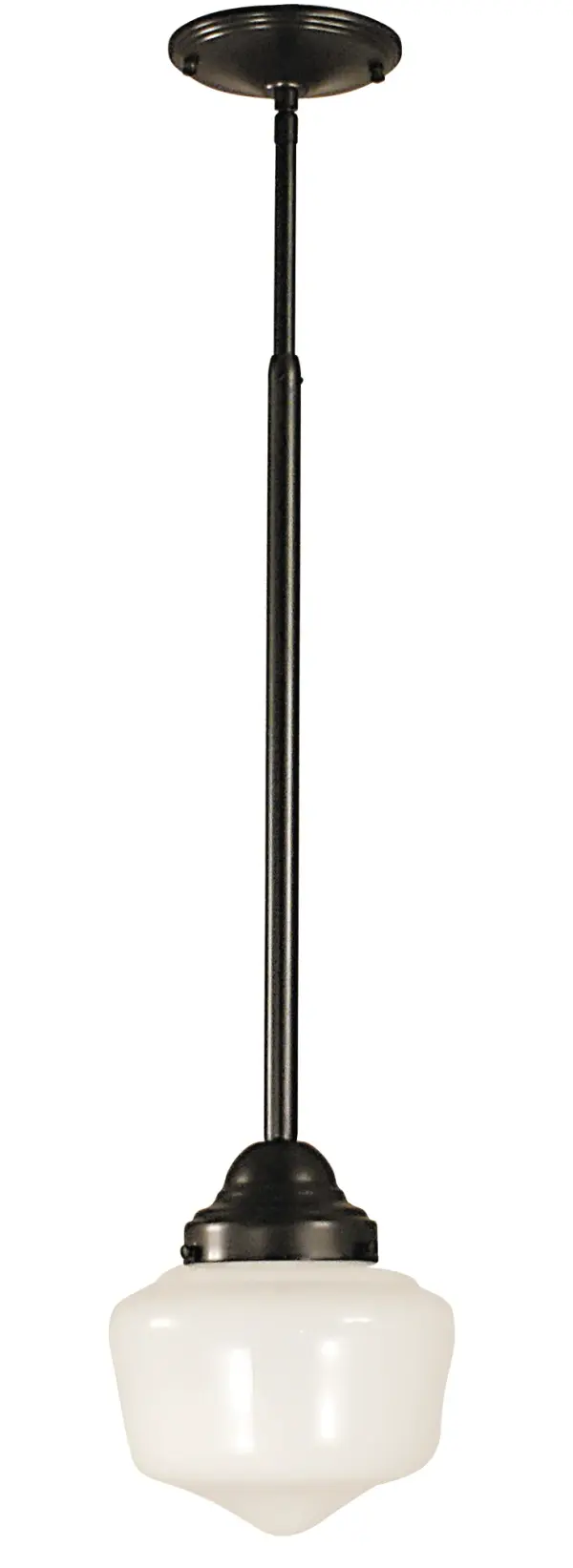 This single pendant brings vintage charm with its iconic schoolhouse glass shade and warm antique brass hardware. The adjustable height makes it versatile for various ceiling heights and applications.