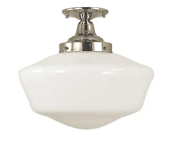 The Taylor flush mount combines timeless schoolhouse glass with a refined polished silver finish. Its compact 16-inch diameter makes it ideal for smaller spaces while delivering ample illumination through white glass.