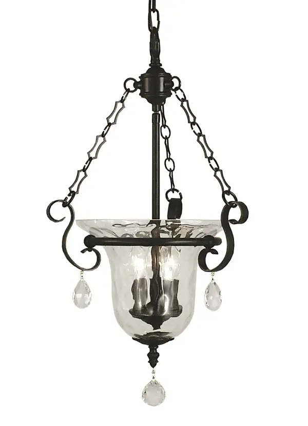 The Carcassonne foyer chandelier brings traditional sophistication to entryways with its matte black finish and clear mottled glass shades. Compact 14" width makes it ideal for smaller foyers while the adjustable chain accommodates various ceiling heights.