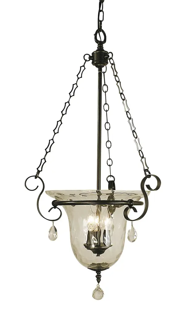 The Carcassonne foyer chandelier brings traditional elegance to entryways with its mahogany bronze finish and clear mottled glass shades. Compact 18-inch width makes it ideal for smaller foyers while the 32-inch height provides substantial presence.