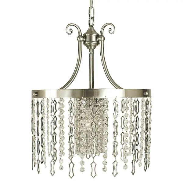The Penelope chandelier combines transitional styling with a refined brushed nickel finish, making it an ideal choice for smaller dining areas. Its compact 15-inch width and adjustable chain provide versatile installation options.