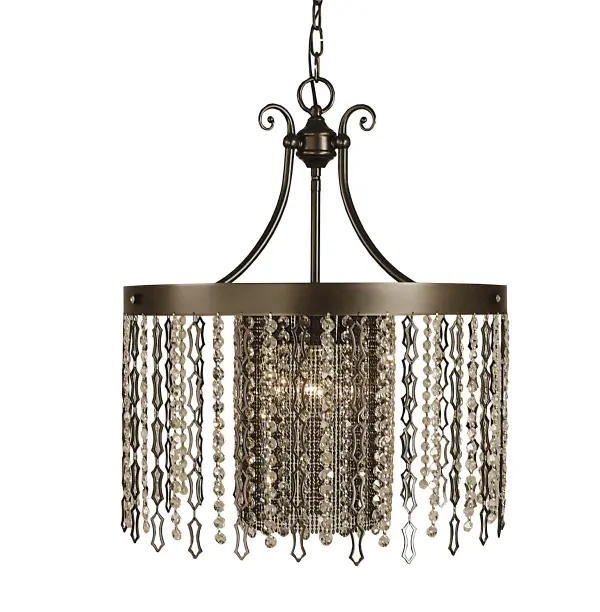 Strands of metal cylinders and beads are layered with crystal and metal links to create a mysterious and alluring glimmer. Every Framburg lighting product is manufactured in the USA.