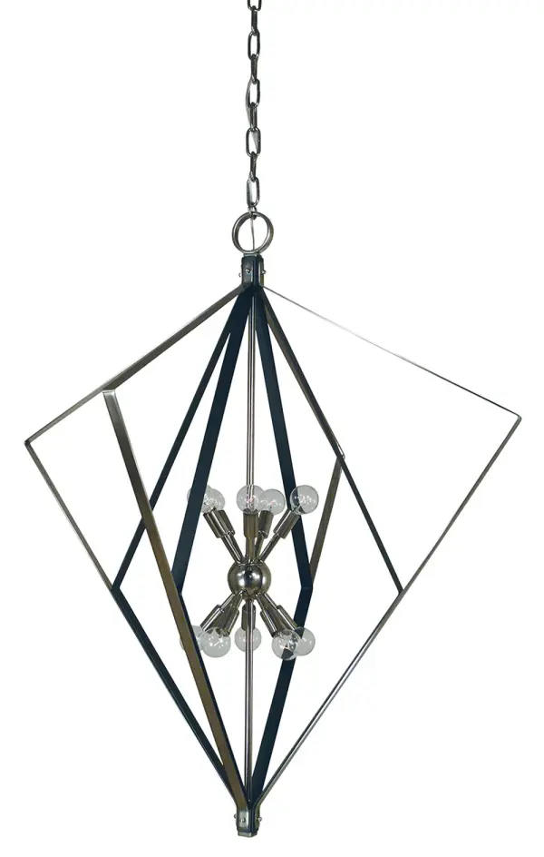 The Zoe chandelier makes a bold statement with its generous 37-inch width and dramatic mixed metal finish. Ten lights provide ample illumination while the polished nickel and matte black combination adds contemporary sophistication to any space.