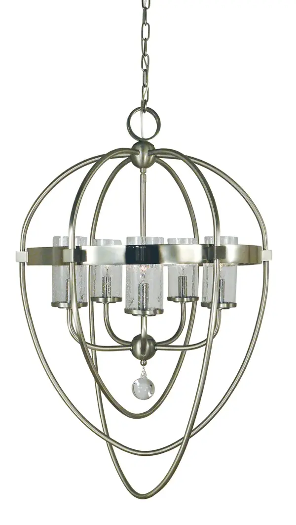 The Margaux chandelier combines brushed and polished nickel finishes with clear seedy glass shades for sophisticated visual interest. Its 23-inch width and 5-light configuration make it versatile for medium-sized spaces.
