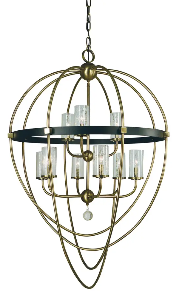 The Margaux chandelier combines antique brass warmth with modern matte black accents in a dramatic 35-inch wide design. Nine candle-style lights with seedy glass shades create sophisticated ambiance for large dining rooms and grand entryways.