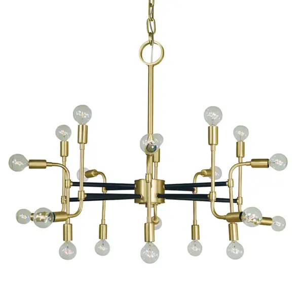 The Fusion chandelier makes a bold architectural statement with 20 exposed bulbs arranged in a contemporary design. The mixed metal finish of satin brass and matte black creates visual depth and modern sophistication.