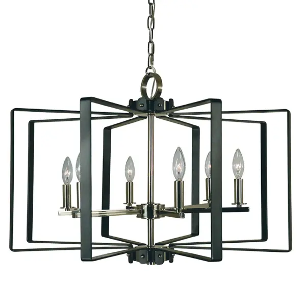 The Camille chandelier combines polished nickel and matte black finishes for a striking transitional design. With 6 candle-style lights and a generous 28-inch width, it delivers both visual impact and ample illumination.