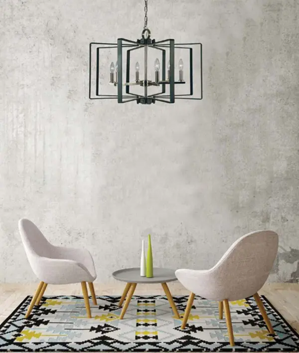 The Camille chandelier combines polished nickel and matte black finishes for a striking transitional design. With 6 candle-style lights and a generous 28-inch width, it delivers both visual impact and ample illumination. - alternate view