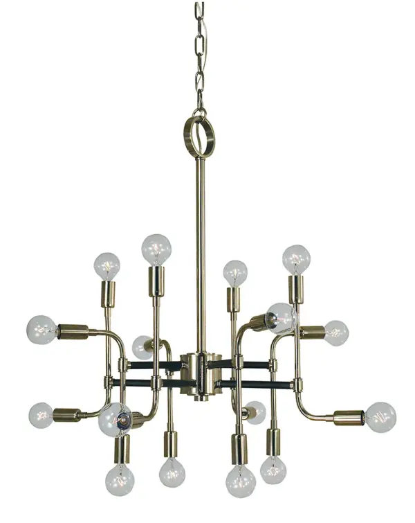 The Fusion chandelier makes a dramatic impact with 16 lights arranged in a contemporary design. The polished nickel and matte black two-tone finish adds visual interest and versatility to match various decor styles.