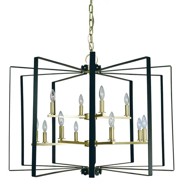 The Camille chandelier makes a bold statement with 12 candle-style lights arranged in a dramatic 36-inch wide design. The sophisticated pairing of satin brass with matte black accents creates visual interest perfect for transitional and contemporary spaces.