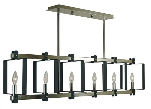 The Camille Island Chandelier combines polished nickel and matte black finishes in a sleek 40-inch linear design. Perfect for kitchen islands and dining tables, this 6-light fixture offers adjustable height and timeless transitional style.