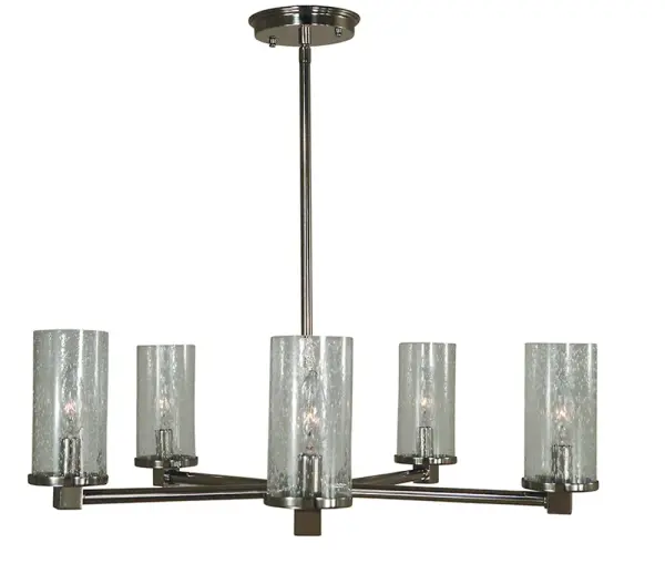 The Lexi chandelier combines polished nickel hardware with clear seedy glass cylinders for a refined transitional look. Its 24-inch linear design and adjustable height make it versatile for dining rooms and kitchen islands.