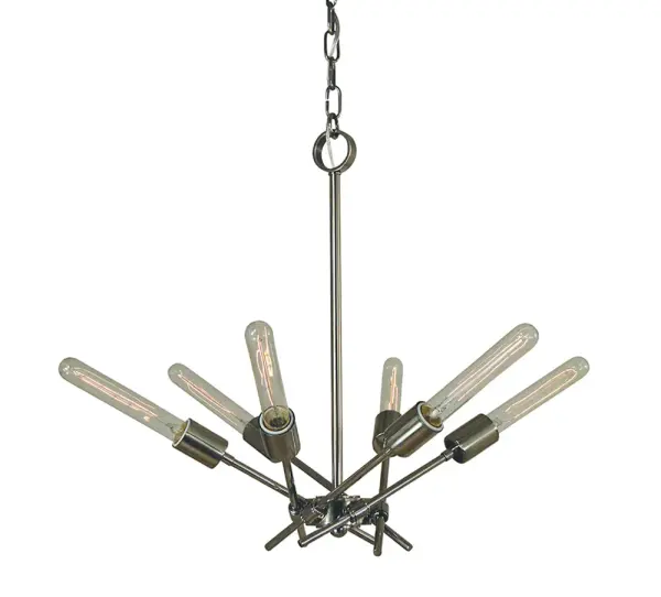 The Quasar 6-Light Chandelier combines modern design with classic elegance. Its 24-inch width and polished nickel finish make it a versatile choice for dining rooms and entryways, offering ample illumination with six 60W bulbs.