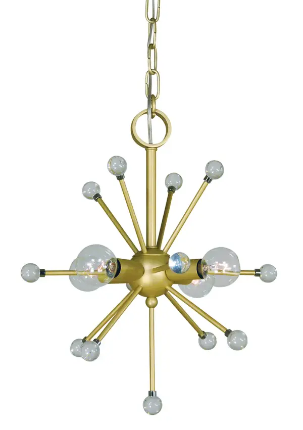 The Supernova chandelier brings retro-modern flair to smaller dining areas with its distinctive starburst silhouette and warm satin brass finish. At 13 inches wide, it's perfectly scaled for breakfast nooks and dinettes.