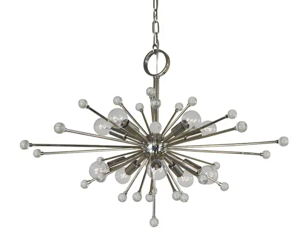 The Supernova chandelier creates a dramatic focal point with its contemporary starburst silhouette and 10 exposed bulbs. The polished nickel finish adds sophisticated shine while the 28-inch width makes it perfect for larger spaces.