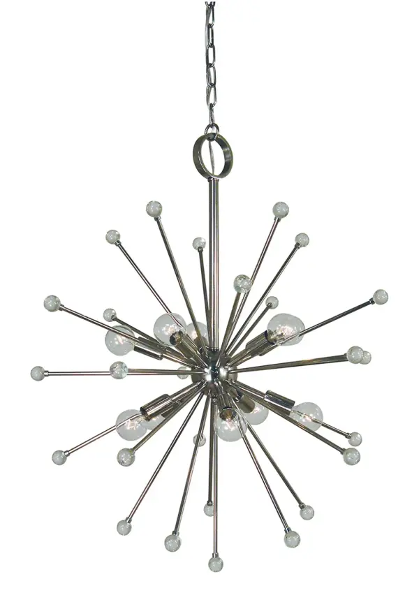 The Supernova chandelier creates a dramatic focal point with its contemporary starburst silhouette and 10 exposed bulbs. The polished nickel finish adds sophisticated shine while the 24-inch width makes it versatile for medium-sized spaces.