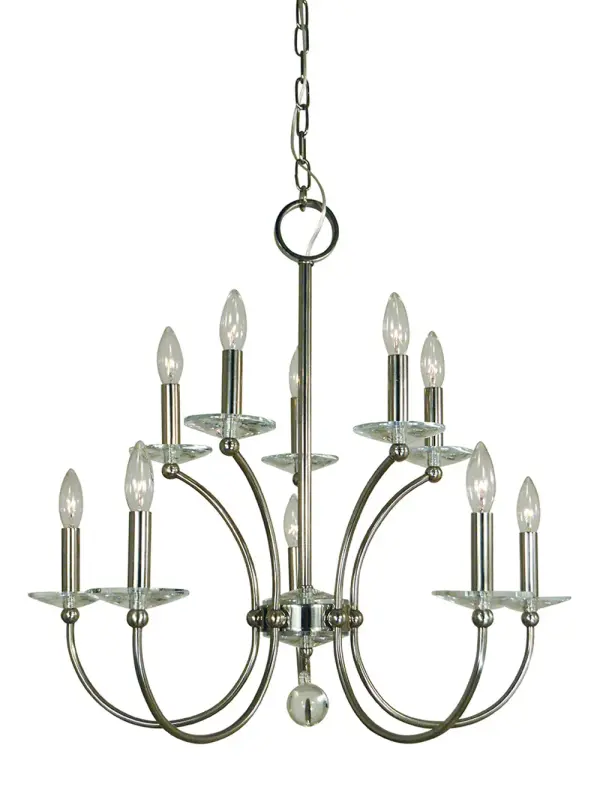 The Pirouette chandelier features a graceful design with 10 candle-style lights arranged in a sophisticated configuration. Its polished nickel finish adds contemporary elegance while maintaining transitional versatility.