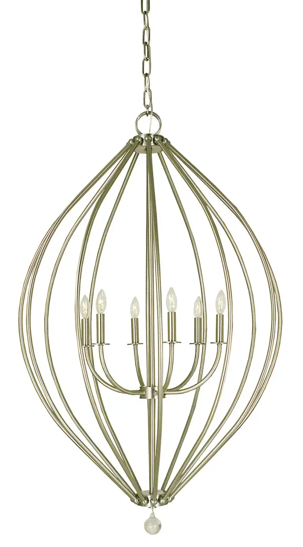 The Dewdrop chandelier combines modern sophistication with versatile styling. Its 29-inch width and brushed nickel finish make it perfect for dining rooms and kitchen islands, while the 6-light configuration provides ample illumination.