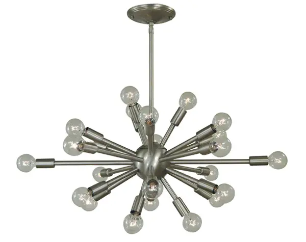 The Simone chandelier makes a dramatic impact with 24 lights arranged in a contemporary design. Its brushed nickel finish and 28-inch diameter create a sophisticated focal point, while adjustable hanging heights accommodate various spaces.