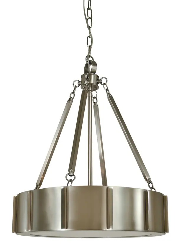 The Pantheon pendant combines brushed and polished nickel finishes for sophisticated visual interest. Its 16-inch width and 4-light configuration provide excellent illumination for dining and kitchen spaces while maintaining an elegant profile.