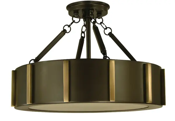 The Pantheon flush mount combines traditional elegance with practical low-profile design. Its 16-inch diameter and rich mahogany bronze with antique brass finish create sophisticated ambiance in spaces with standard ceiling heights.