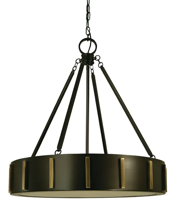 The Pantheon 4-Light Pendant combines traditional elegance with versatile styling. Its 23-inch width and rich Mahogany Bronze finish with Antique Brass accents create a sophisticated focal point for dining rooms and entryways.