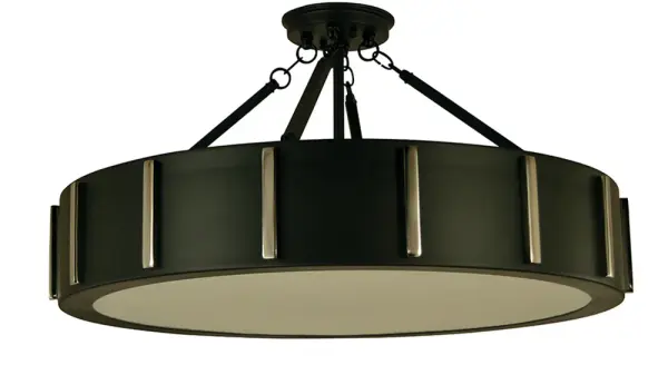 The Pantheon flush mount combines matte black and polished nickel finishes for a striking contemporary look. At 23 inches wide, it provides substantial presence while maintaining a low 12-inch profile ideal for standard ceiling heights.
