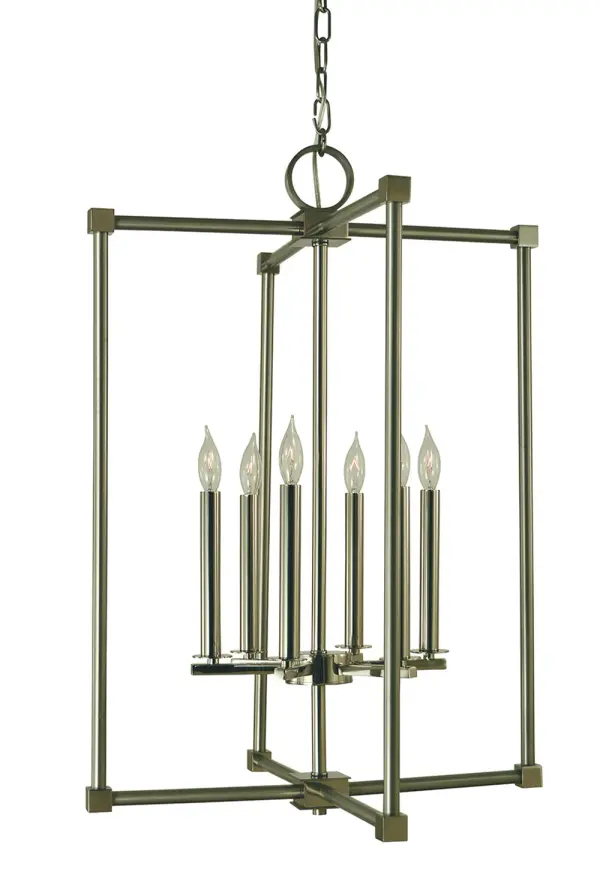 The Lexington chandelier combines brushed and polished nickel finishes for sophisticated visual interest. Its 6-light candle-style design and 20-inch width make it versatile for medium-sized spaces.