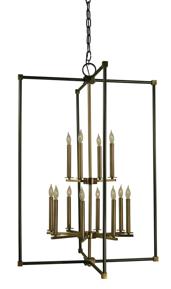 The Lexington chandelier makes a dramatic statement with 12 candle-style lights arranged in a classic tiered design. The sophisticated combination of Mahogany Bronze and Antique Brass finishes adds depth and warmth to traditional and transitional interiors.