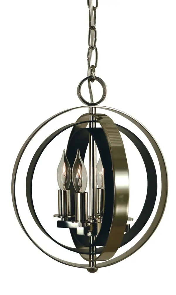 The Constellation pendant combines polished nickel and matte black finishes in a compact 11-inch design. Its four-light configuration and mixed metal aesthetic make it ideal for modern dining spaces and kitchen islands.