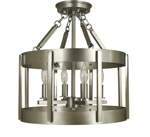 The Pantheon 4-Light Semi-Flush combines satin pewter and polished nickel finishes for a sophisticated look. Its compact 14-inch width and low-profile design make it ideal for rooms with standard ceiling heights.