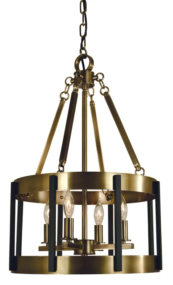 The Pantheon 4-Light Pendant combines antique brass and matte black finishes for sophisticated visual interest. Its compact 14-inch width makes it perfect for smaller dining areas, kitchen islands, or foyers where you want statement lighting without overwhelming the space.