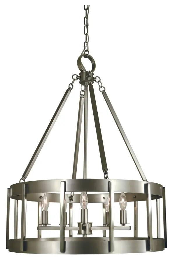 Drum cages encasing minimal chandeliers accented with mixed metal finishes. All Framburg lighting fixtures are hand made in the U.S.A.