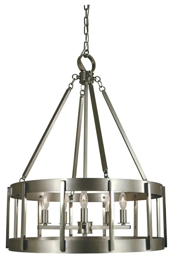The Pantheon 5-light pendant combines satin pewter and polished nickel finishes for sophisticated visual interest. At 22 inches wide, it's perfectly scaled for medium dining rooms and kitchen islands, offering versatile style.