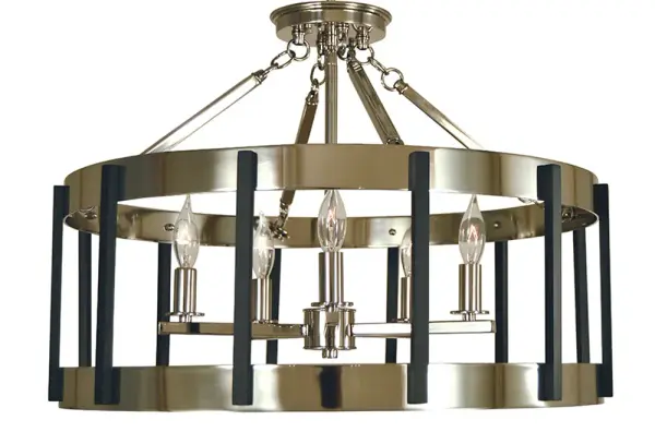 The Pantheon semi-flush combines polished nickel and matte black finishes for a striking transitional look. With five candle-style lights and a 22-inch width, it provides ample illumination while maintaining a low 14.5-inch profile perfect for standard ceiling heights.