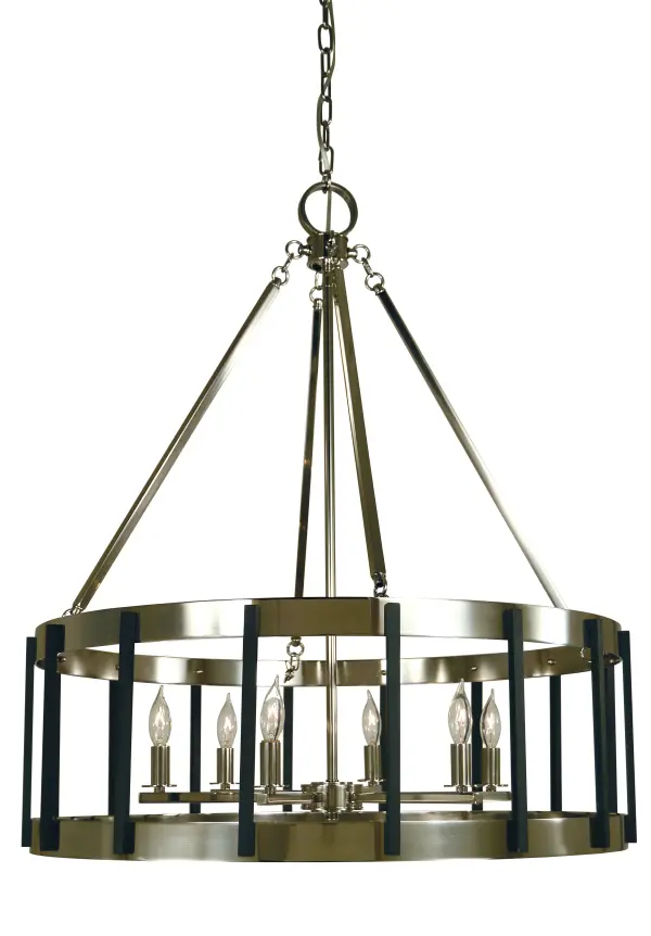 Drum cages encasing minimal chandeliers accented with mixed metal finishes. All Framburg lighting fixtures are hand made in the U.S.A.