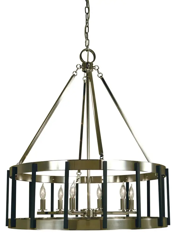 The Pantheon 6-Light Pendant combines polished nickel and matte black finishes for a sophisticated two-tone look. At 28 inches wide and 32 inches high, this substantial fixture makes a bold statement while maintaining versatility.
