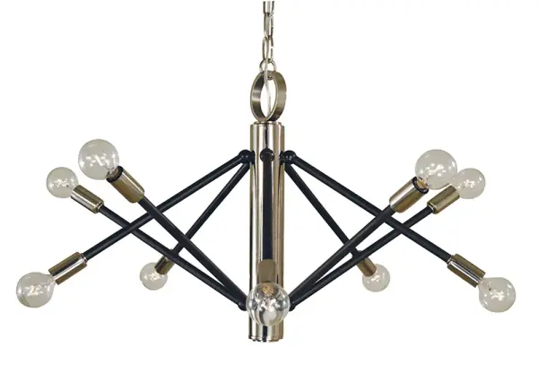 The Felix chandelier combines polished nickel with matte black accents for a refined transitional look. With 10 lights spanning 28 inches, it provides ample illumination for medium to large dining spaces while maintaining an elegant profile.