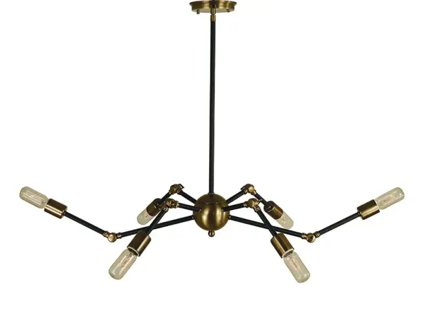 The Felix 6-Light Island Chandelier combines warm antique brass with modern matte black in a sleek linear design. Its adjustable height and substantial 33-42 inch width make it ideal for kitchen islands and dining tables.