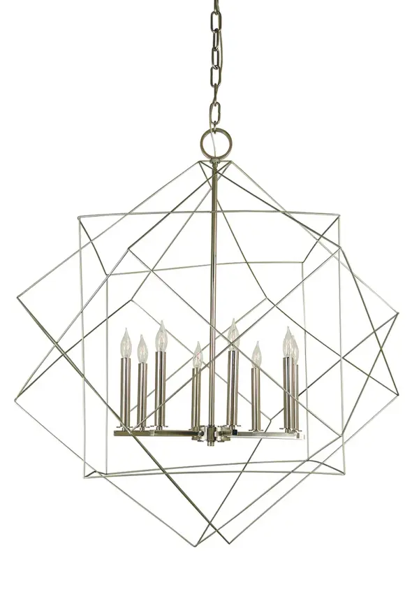 The Etoile 8-light chandelier combines satin pewter and polished nickel finishes for a sophisticated transitional look. At 36 inches wide and 41 inches high, this substantial fixture makes a dramatic statement in dining rooms and foyers.