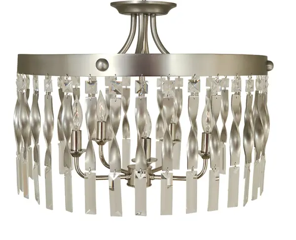 The Adele semi-flush combines sophisticated satin pewter and polished nickel finishes in a versatile 5-light design. At 20 inches wide, it provides ample illumination while maintaining a low 14.5-inch profile perfect for standard ceiling heights.