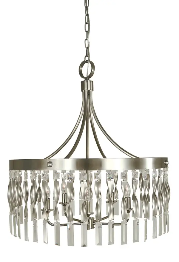 The Adele 5-Light Pendant combines classic candelabra styling with contemporary two-tone metalwork. Its 24-inch width and mixed Satin Pewter/Polished Nickel finish create visual interest while maintaining versatility across design styles.