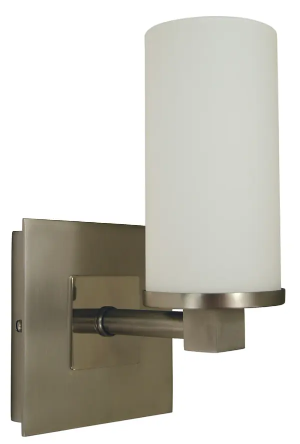 The Mercer sconce combines satin pewter and polished nickel finishes with a frosted glass cylinder shade for sophisticated ambient lighting. Its compact 5-inch width makes it ideal for bathrooms and hallways.
