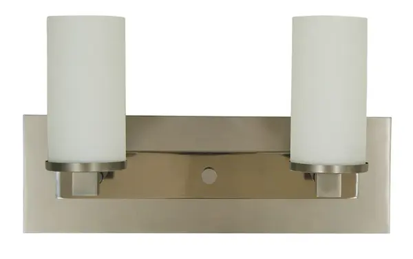 The Mercer sconce combines satin pewter and polished nickel finishes for a sophisticated two-tone look. Its dual frosted glass cylinders provide soft, diffused lighting ideal for bathrooms and hallways.