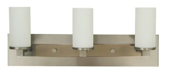 The Mercer sconce combines satin pewter and polished nickel finishes with frosted glass cylinders for sophisticated bathroom lighting. Its 24-inch width provides excellent illumination for double vanities.