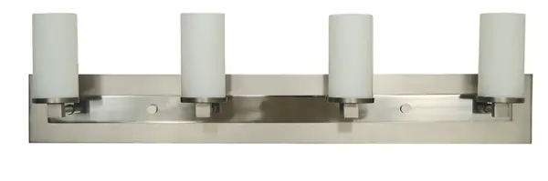 The Mercer 4-Light Sconce combines sophisticated satin pewter and polished nickel finishes with frosted glass cylinders for even, flattering illumination. Its 36-inch width makes it ideal for double vanities.