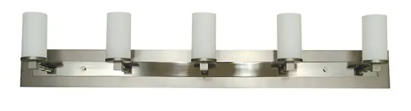 The Mercer 5-Light Sconce delivers exceptional illumination across a 48-inch span, perfect for large vanities and master bathrooms. Its mixed metal finish combines satin pewter with polished nickel accents for refined elegance.
